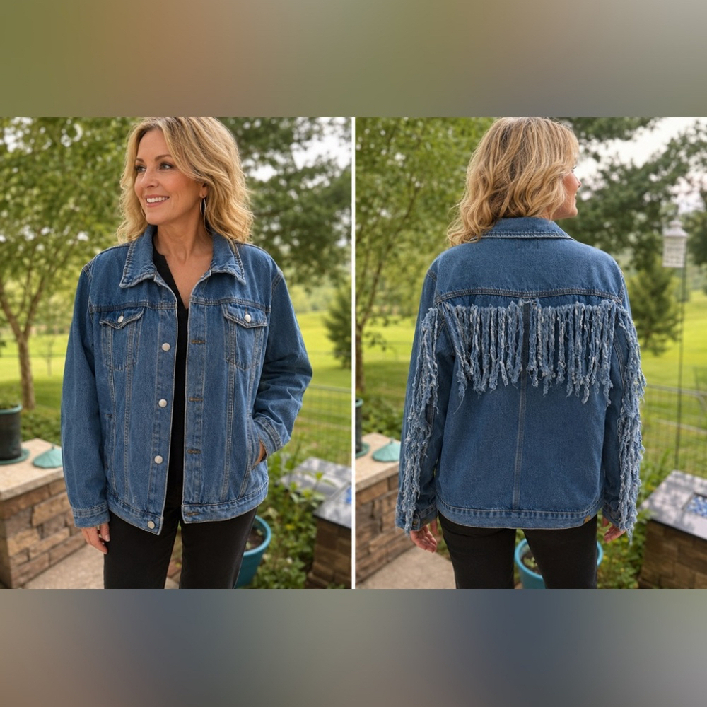 Boohoo Blue Denim Fringe Trucker Jacket